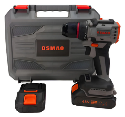 Taladro Atornillador - Percutor Inalámbrico Osmao + 2 Baterías + Con Estuche Gris