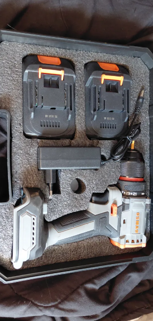 Taladro Atornillador - Percutor Inalámbrico Osmao + 2 Baterías + Con Estuche Gris